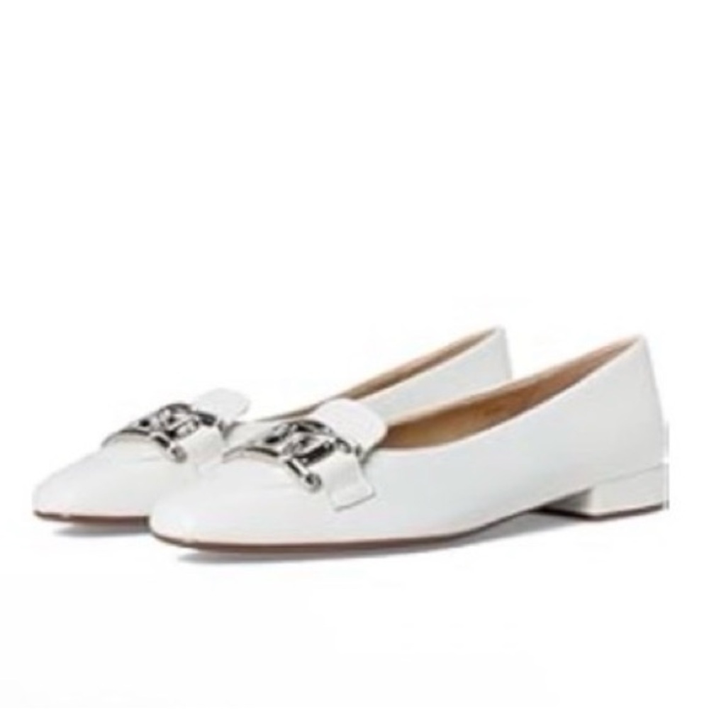 Women's White Leather Loafers with Silver Buckle